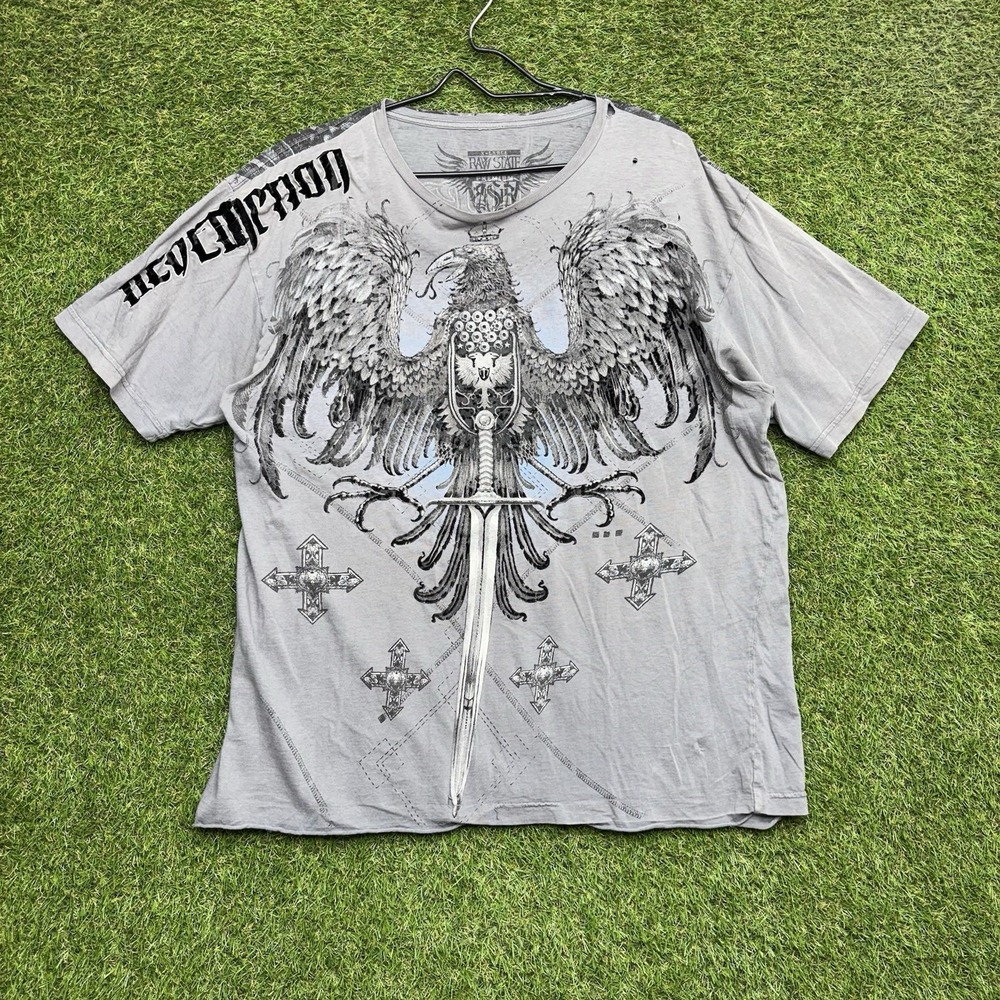 Raw State Shirt Mens XL Gray Gothic Cross Redemption Graphic Tee Y2K Affliction